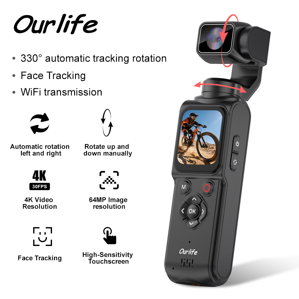 Runcam Camera - Ourlife 4Kアクションカメラ330 ° 顔追跡ジンバルスタビライザー 1.72インチタッチスクリーン 64MPポケットデジタルカメラ